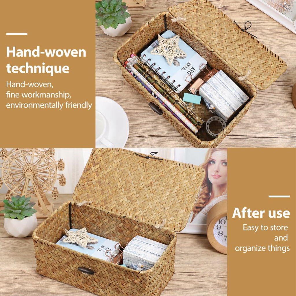 Woven Storage Box Wicker Storage Bins with Lid Seagrass Basket Desktop Hand- Woven Box Shelf Organizer