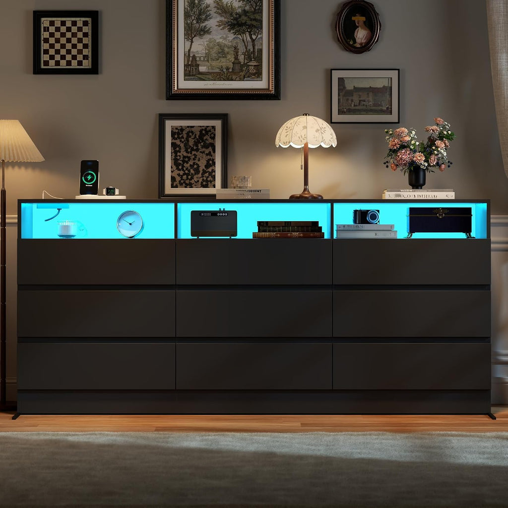 Drawer Dresser with Power Outlet, Black Dressers with LED Light, Dresser Chest of Drawers for Closet, Wood Dressers