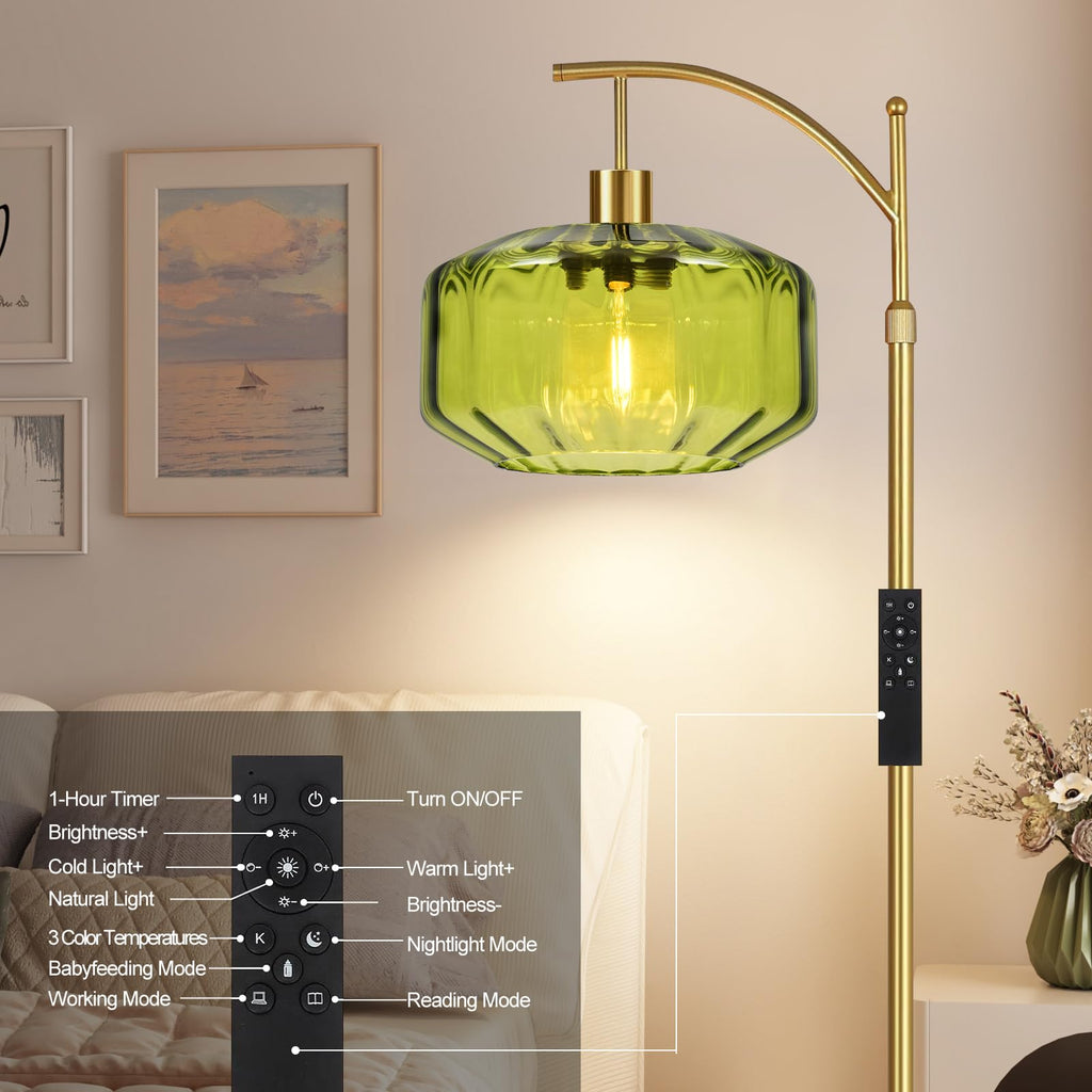 Gold Floor Lamps Vintage Floor Lamp with Remote Control & Green Glass Lampshape, Dimmable Floor Lamp Mid Century