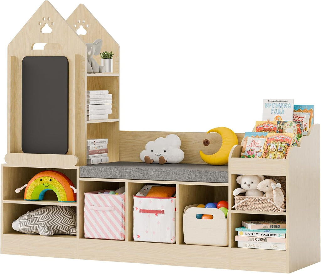 MU Kids Bookshelf with Reading Nook, Wooden Toy Storage Organizer with Chalkboard and Bench, Kids Reading Nook for