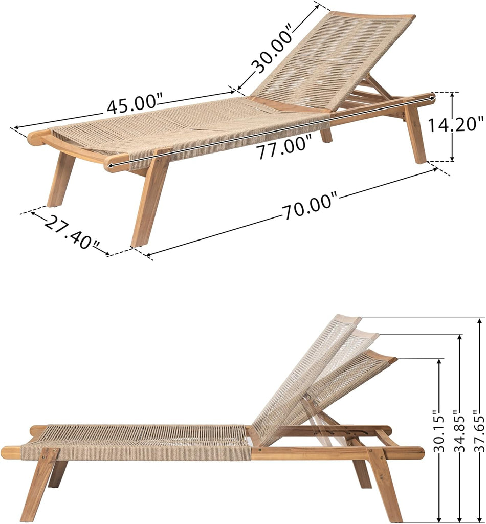Set of 4 Outdoor Patio Wood Adjustable Chaise Lounges with Rope Seating, Rope Chaise Lounge with Acacia Wood