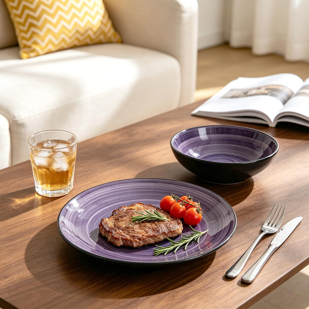 Stoneware Dinnerware Set, Sonoma 18 Piece Service for 6, Black & Speckled Purple Spinwash Plates and Bowls, Microwave
