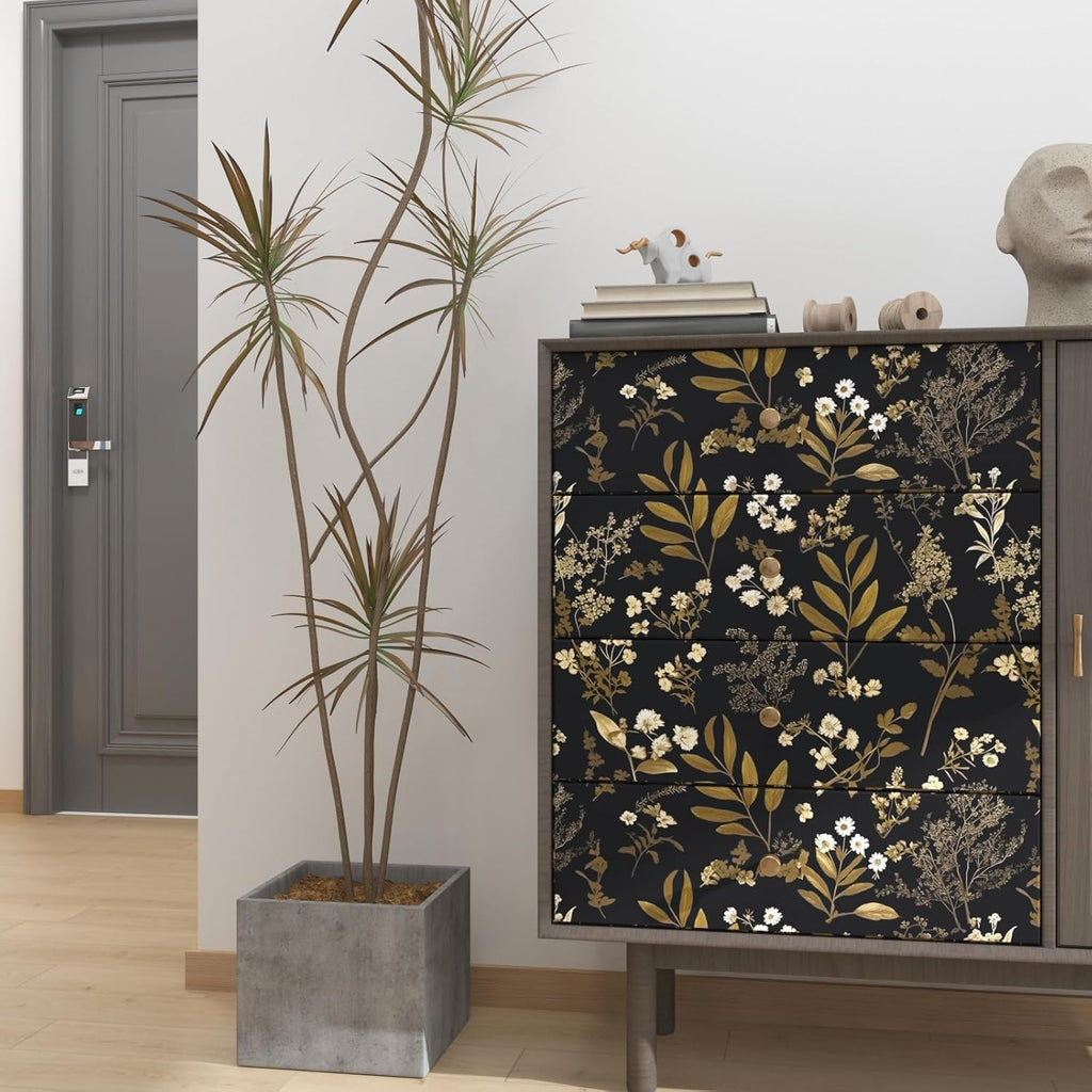 Vintage Floral Peel and Stick Wallpaper 17.5"x 393", Gold Black | Self Adhesive/Removable/Waterproof/Thick Vinyl