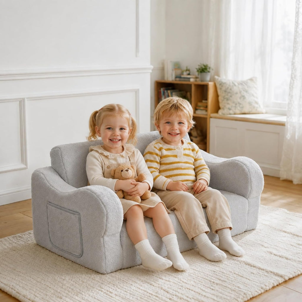 Extra Wide Kids Couch, Foldable Kids Sofa Chair, Grey