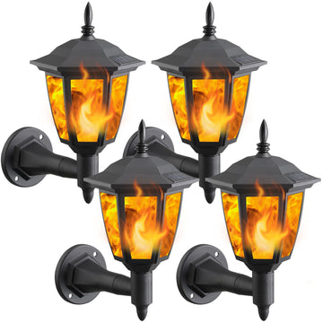 4 Pack Solar Flame Wall Lanterns Outdoor, Solar Powered Wall Mounted Sconce Lights, Flickering Flame LED Lights Auto