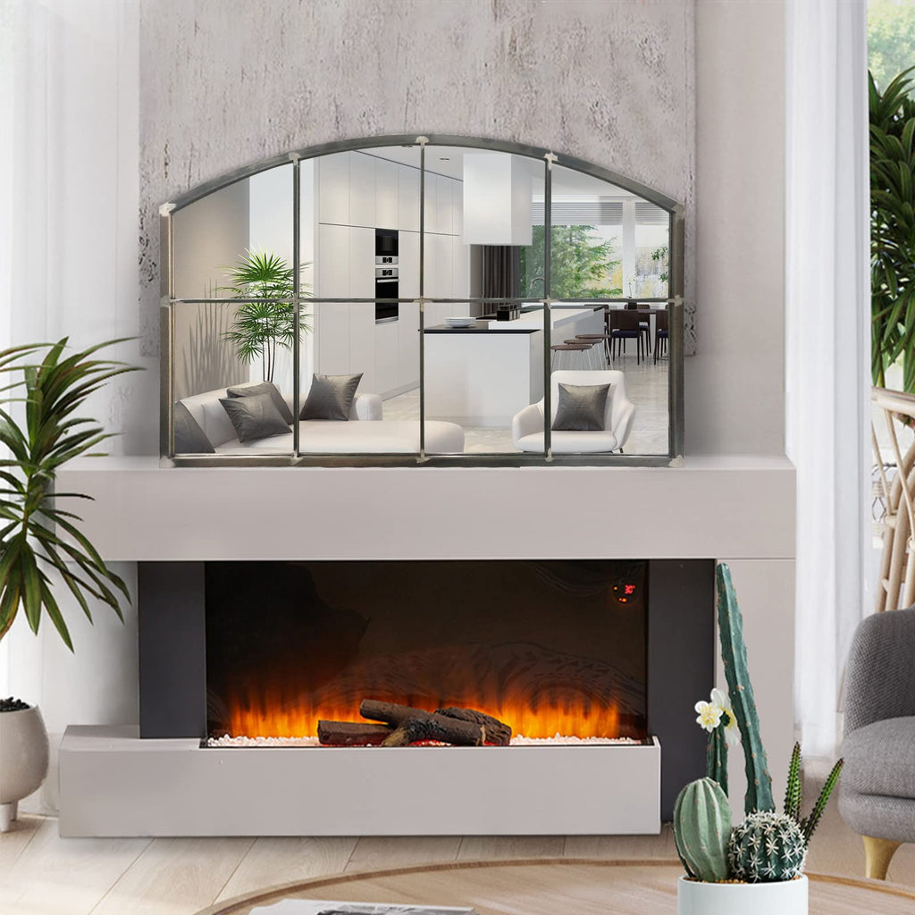 Wide Window Pane Black Mirror,Farmhouse Arched Wall Mirror,Mantel Mirror for Fireplace/Entryway/Hallway/Living