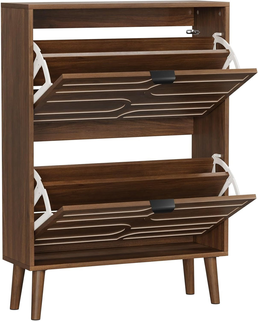 Mid-Century Modern Tilt Out Shoe Cabinet Organizer with Geometric Doors, Slim Entryway Shoe Storage, Walnut