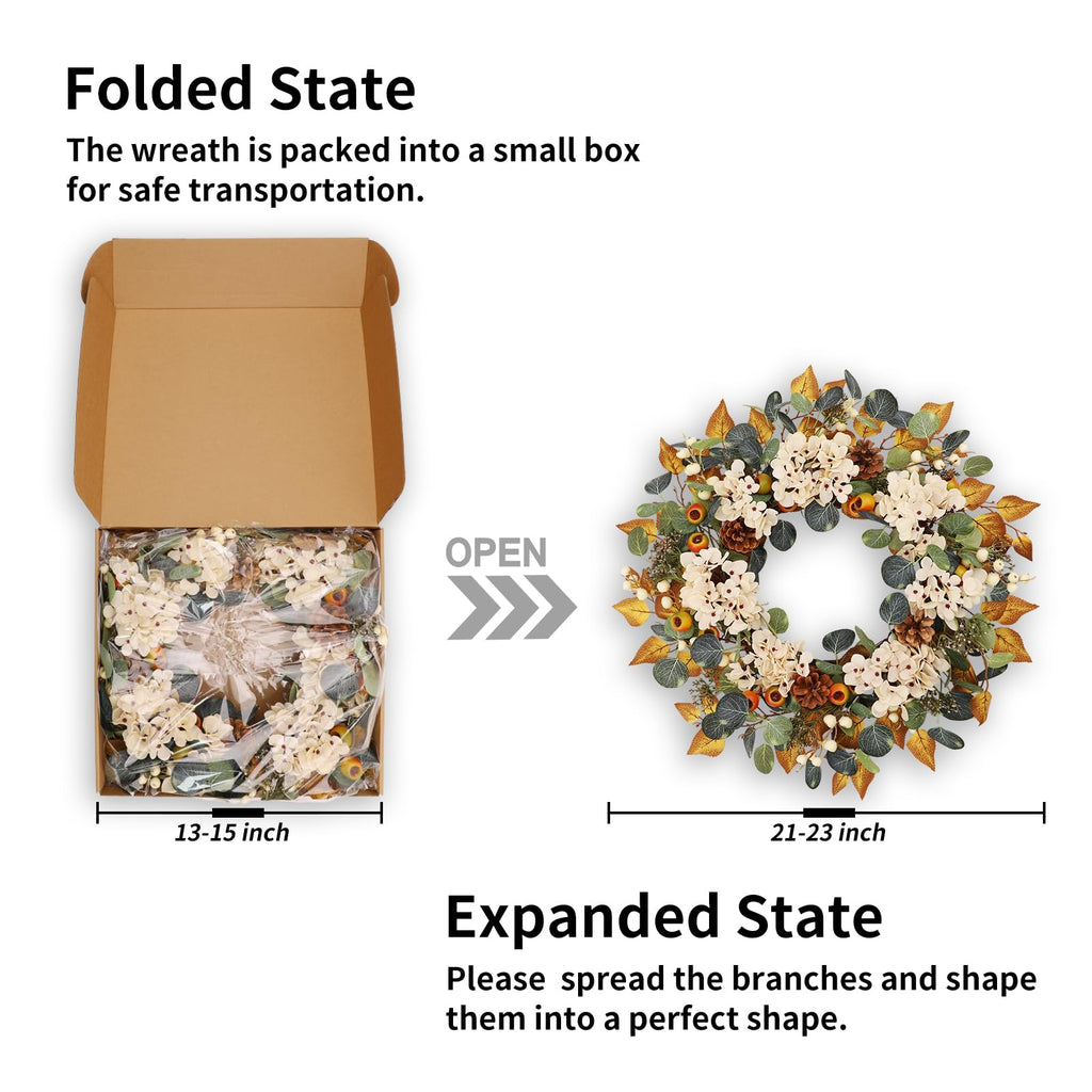 22 Inch Fall Hydrangea Wreaths for Front Door, Artificial Autumn Wreath with White Hydrangea, Eucalyptus, Berries