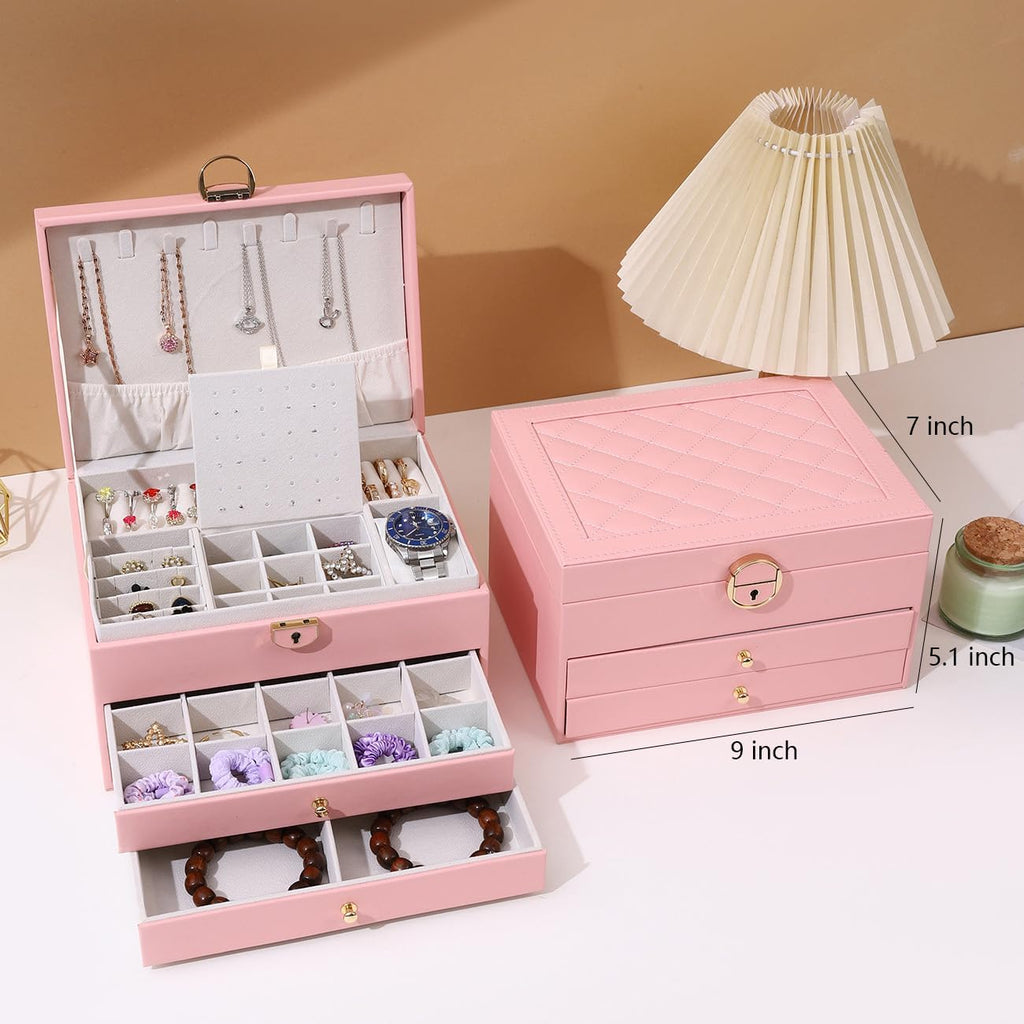 Jewelry Box for Women Girls, 3 Layers Large Jewelry Organizer (Pink)
