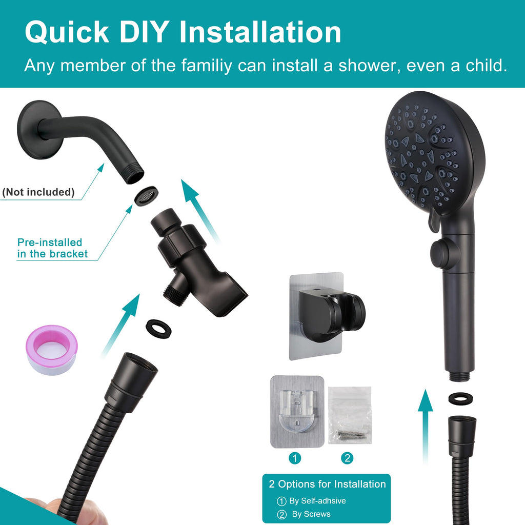 Handheld Shower Head with On Off Switch, 8-mode High Pressure Shower Wand with Long Hose and Bracket Extra Adhesive