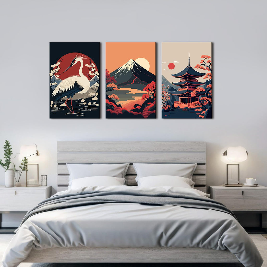 Large Japanese Wall Art Prints Red and Black Sunset Fuji Mountain Canvas Pictures White Crane Posters Retro Asian