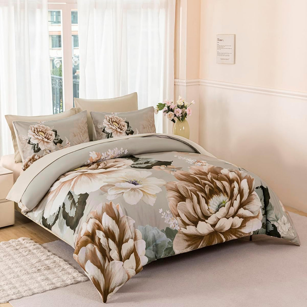 Comforter Set Full Khaki Floral Bedding Set 7 Pieces Flower Bed Set with Sheets Reversible Large Peony Printed On