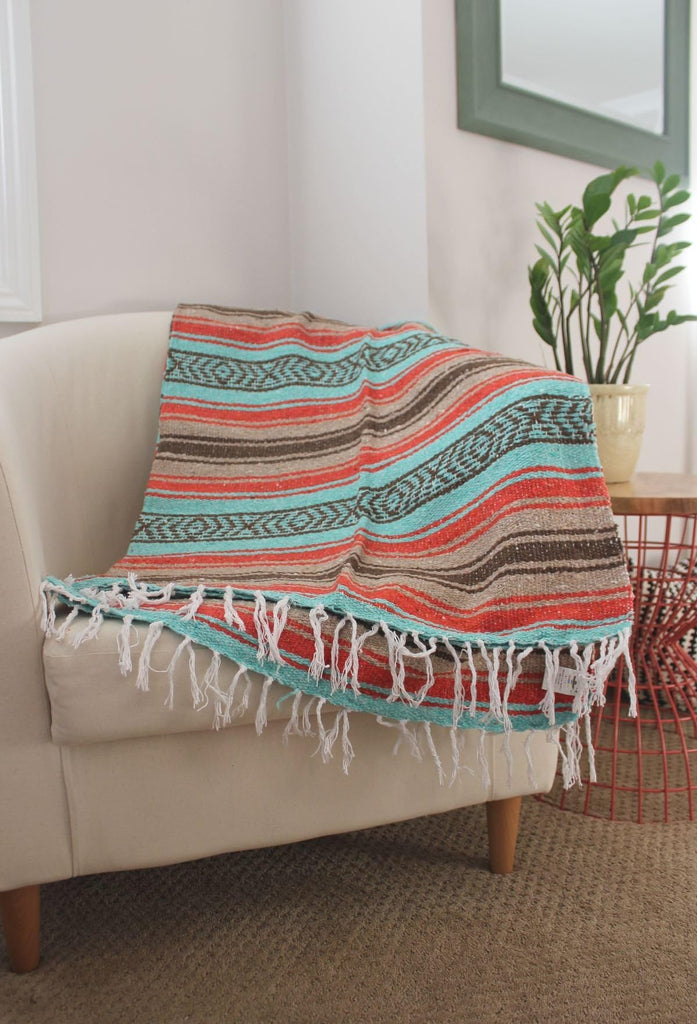 Classic Mexican Blanket, Large Authentic Woven Falsa Throw (70"x50"), Artisan Southwest Décor for Beach, Yoga