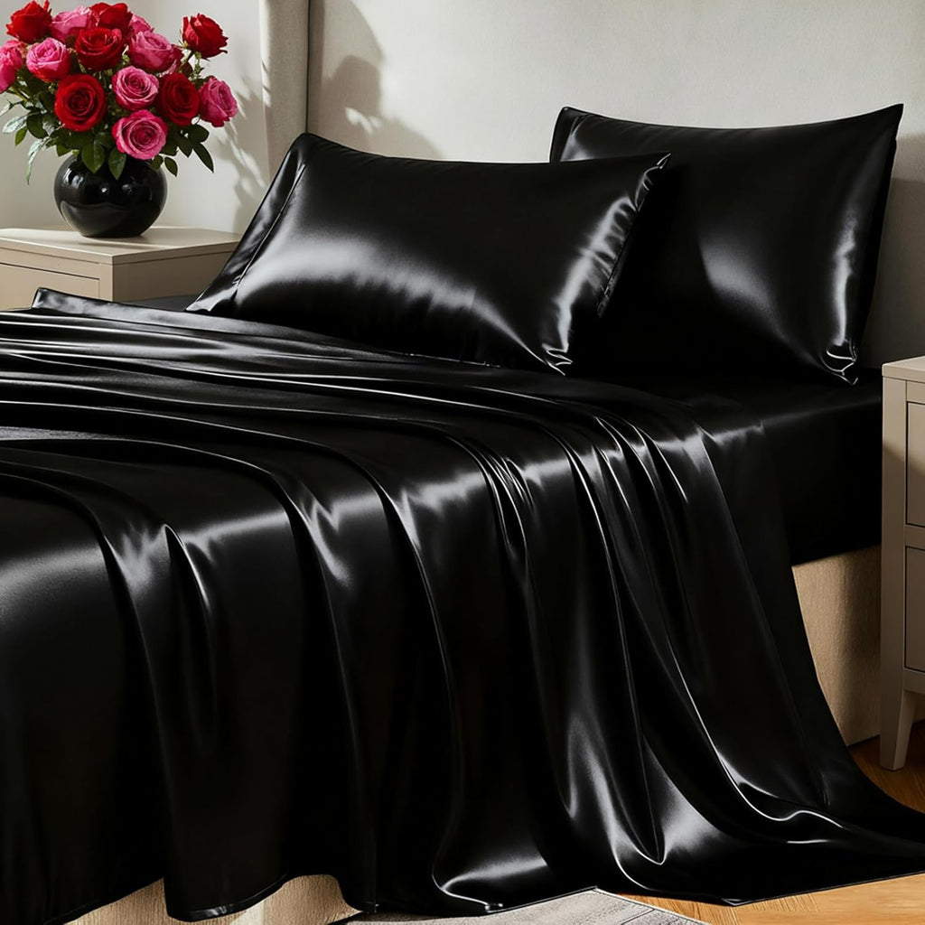 Satin Sheets Queen Bed Set - Silky Soft Bedding Similar to Silk, 4 Piece Sheet Set for Hair and Skin, Deep Pocket