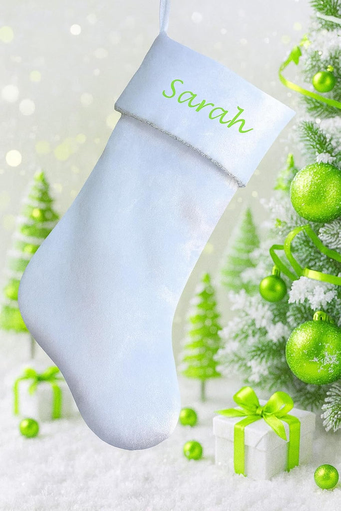 Elegant White Velvet Christmas Stocking | Luxury Christmas Decor with Silver Metallic Rope Trim | Winter Wonderland