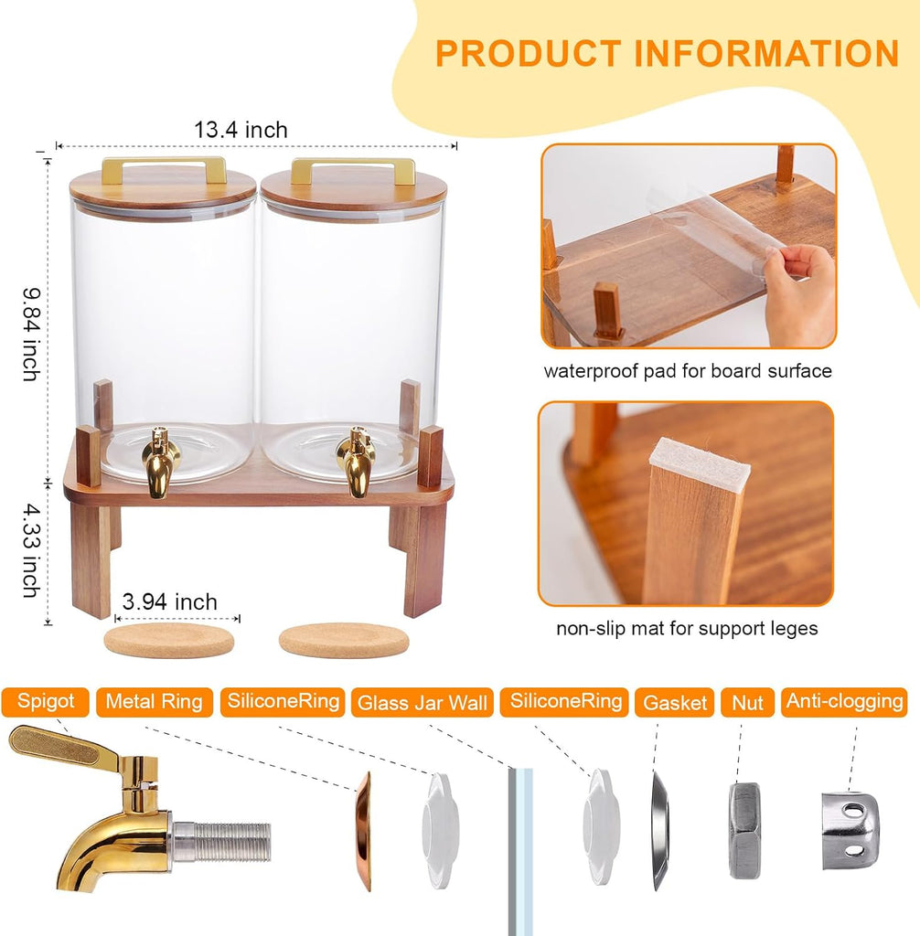 Gallon with Wooden Stand, Drink Dispenser with Stainless Steel Leak-Proof Spigot, Juice & Lemonade Dispenser - Set of 2
