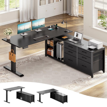 L Shaped Electric Standing Desk with 6 Fabric Drawers, 55" x 55" Height Adjustable Office Executive Desk with Storage
