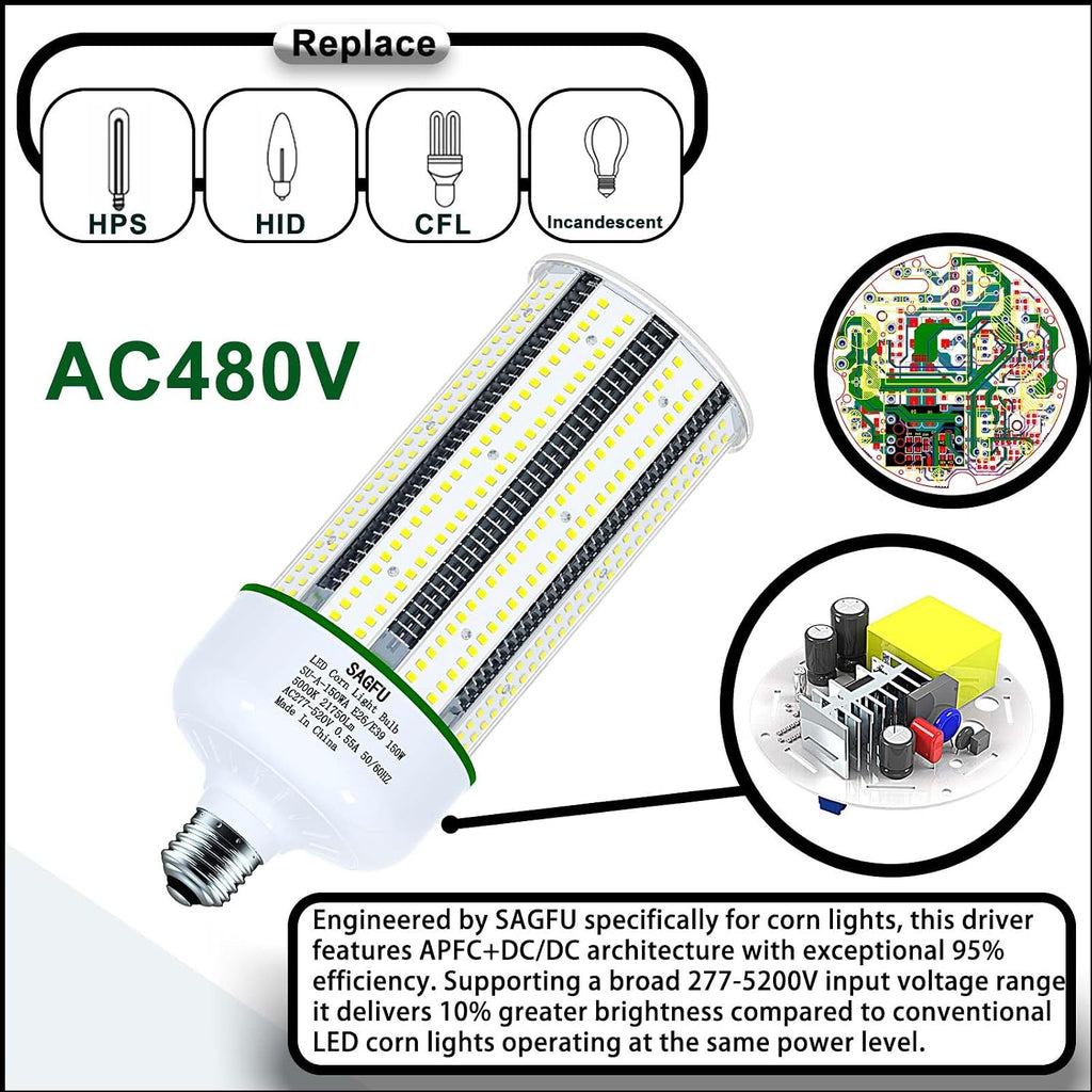 480V LED Corn COB Light Bulb 150W,LED Corn Bulb 5000K Daylight White,1-Pack 1500W Equivalent,21000 Lumens Super