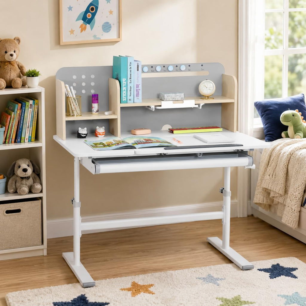 39in Wide Adjustable Height Kids Desk with Tilting Desktop, Bookshelf Hutch