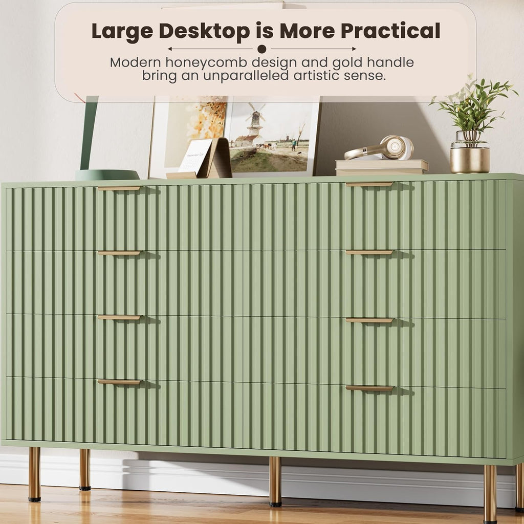 55" Fluted Green 8 Drawer Dresser with Deep Drawers