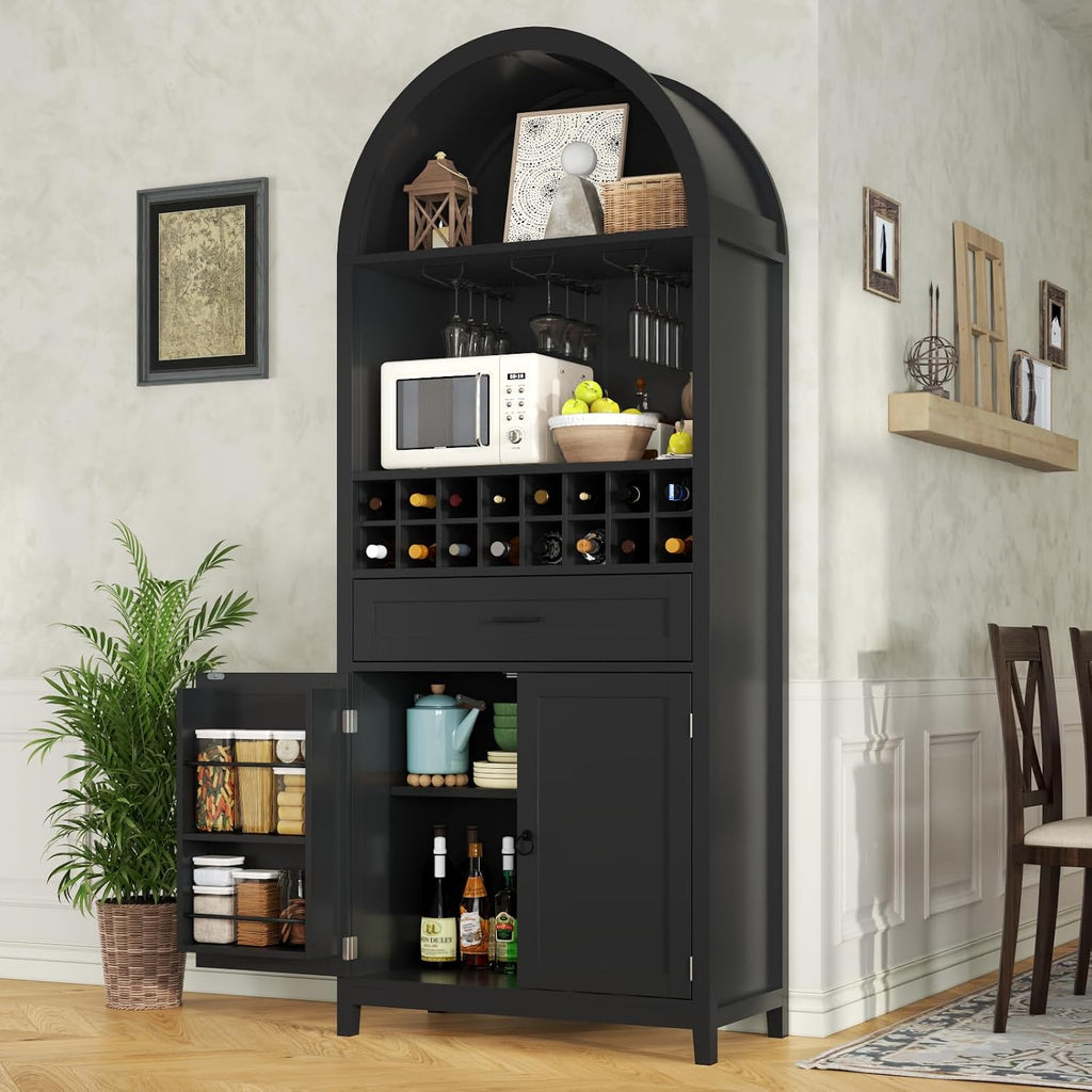 76" Arched Wine Bar Cabinet with Drawer, Glass Holders & Wine Rack | Modern Liquor Bars Cabinet W/Drawer & Shelves