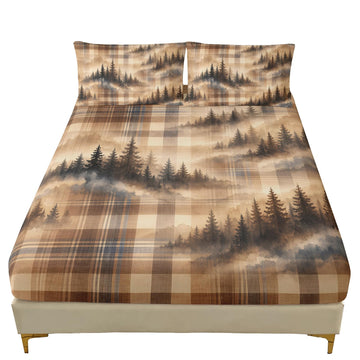 Woodland Pine Fitted Sheet Set, Beige Check 3-Piece Soft Microfiber Bedding with 2 Pillowcases, 16 Inch Deep