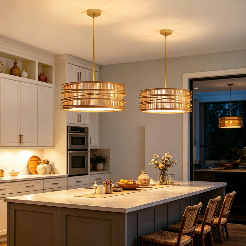 5-Light Rattan Drum Chandelier 19.7'' Boho Gold Pendant Light