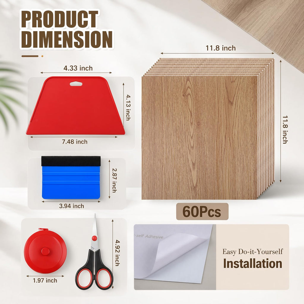 60 Pack Peel and Stick Vinyl Floor Tiles, 12x12 Inch, Brown