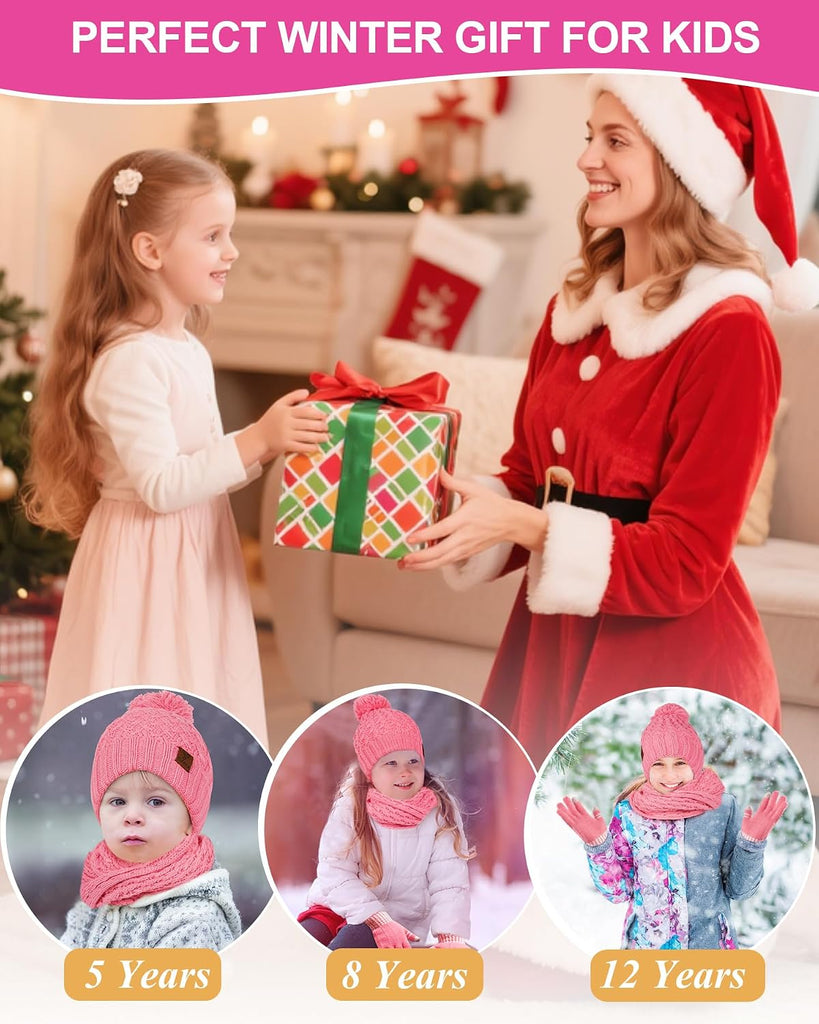 Kids Winter Hat Gloves Scarf Set, Girls Boys Toddler Winter Hat Beanie Pom Knitted Scarves Mittens Fleece Lined Age