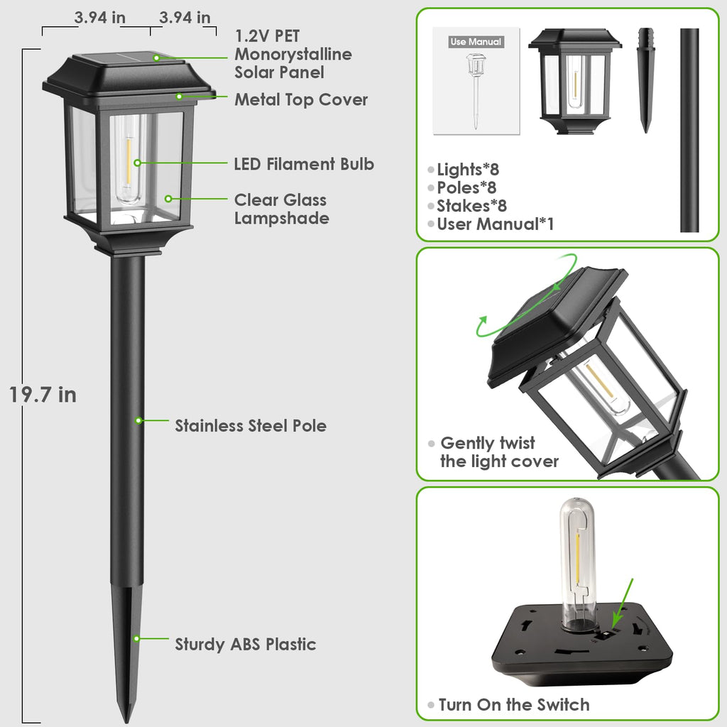 Solar Outdoor Lights Waterproof, 8 Pack Metal Glass Solar Pathway Lights Outdoor Lighting Garden Decor for Landscape