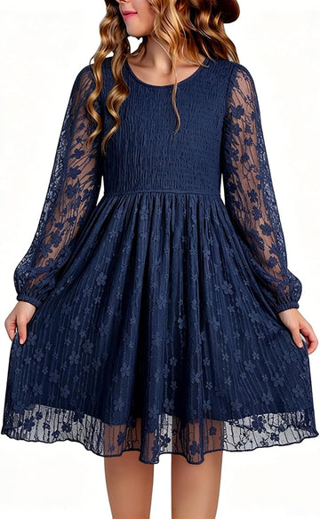 Girls Fall Long Sleeve Lace Dresses Semi Formal Party