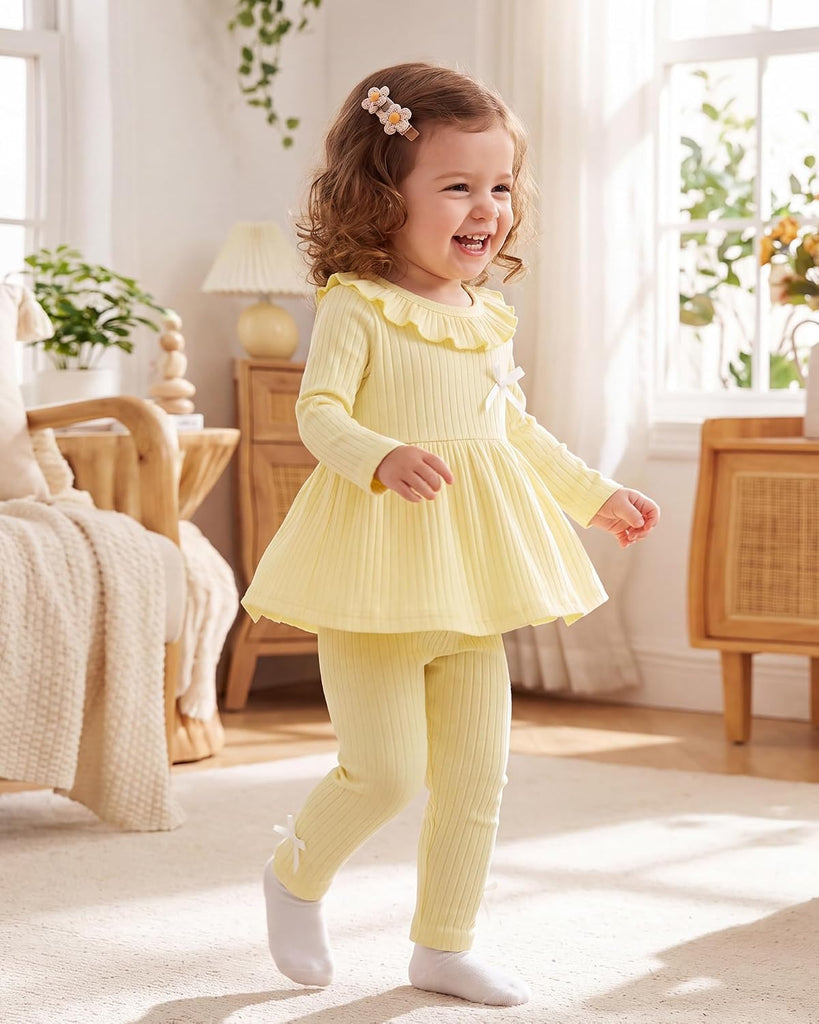 2 Piece Baby Girl Clothes Set Infant Ribbed Ruffle Top Bow Pants