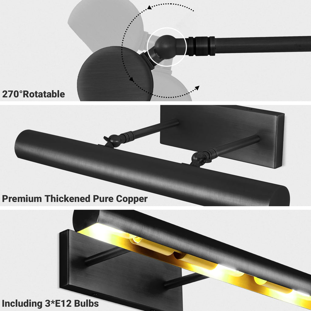 18'' Bronze Picture Light Hardwired, 3-Light Dimmable Art Light for Wall Paintings 2700K, 270° Rotatable Gallery