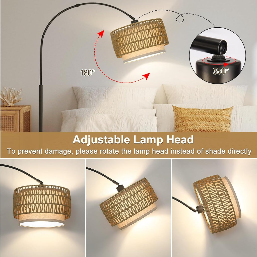 Rattan Floor Lamp, Arc Floor Lamps, Farmhouse Standing Lamp with Adjustable Hanging Fabric Shade