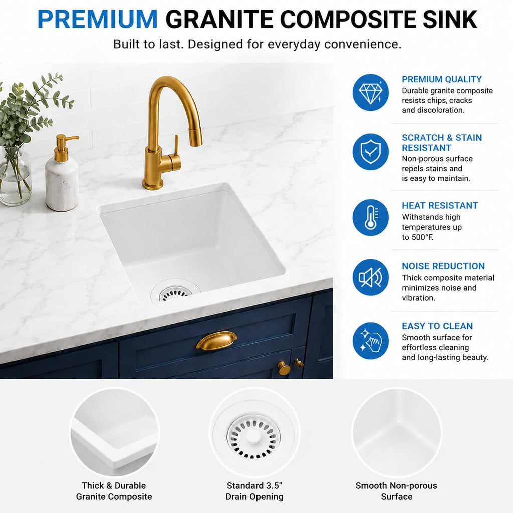 White Bar Sink, 13" x 15" x 10" Undermount Granite Composite Kitchen Sink
