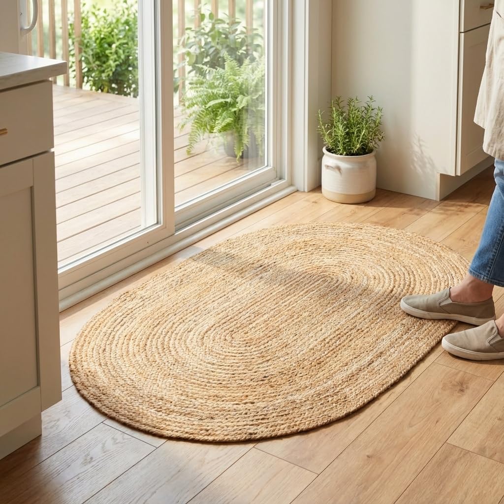 Boho Oval Jute Rug - Reversible Natural Fiber Hearth Carpet- Eco Friendly Floor Covering