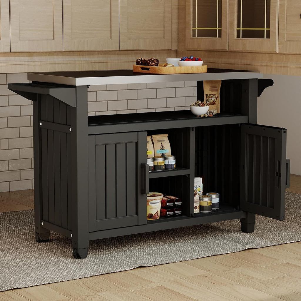 Outdoor Storage Cabinet, Patio Storage Table, Bar Table with Wheels, Outdoor Bar Cart, Poolside and Backyard, Classic