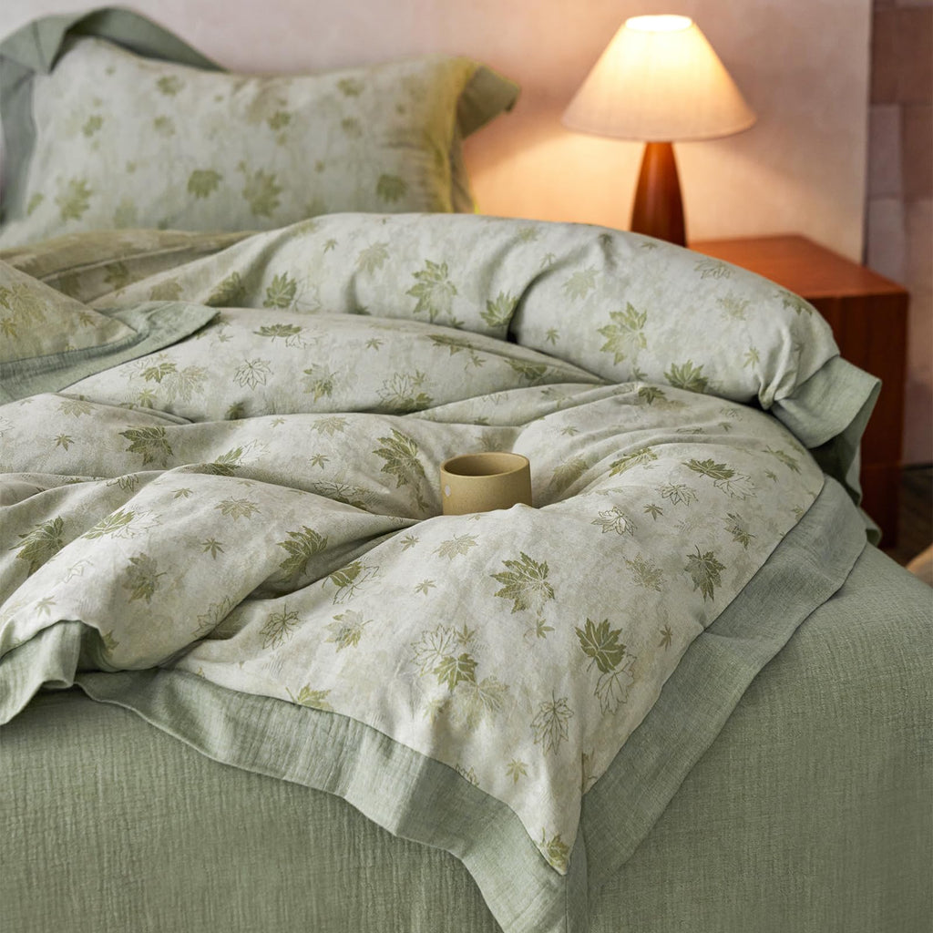 Yarn-Dyed Jacquard Duvet Cover Queen, Green Botanical Leaf Print 3-Piece Bedding Set with Wide Edge Piping, Soft