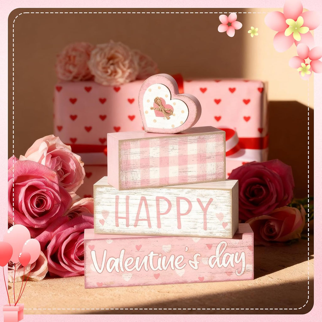 Tiered Tray Decor Set, , Wooden Table Sign, Pink Valentine - Set of 4