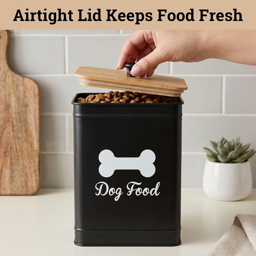 Metal Dog Food Container 5-7lb, 25 Cup w/ Airtight Bamboo Lid, Metal Handle