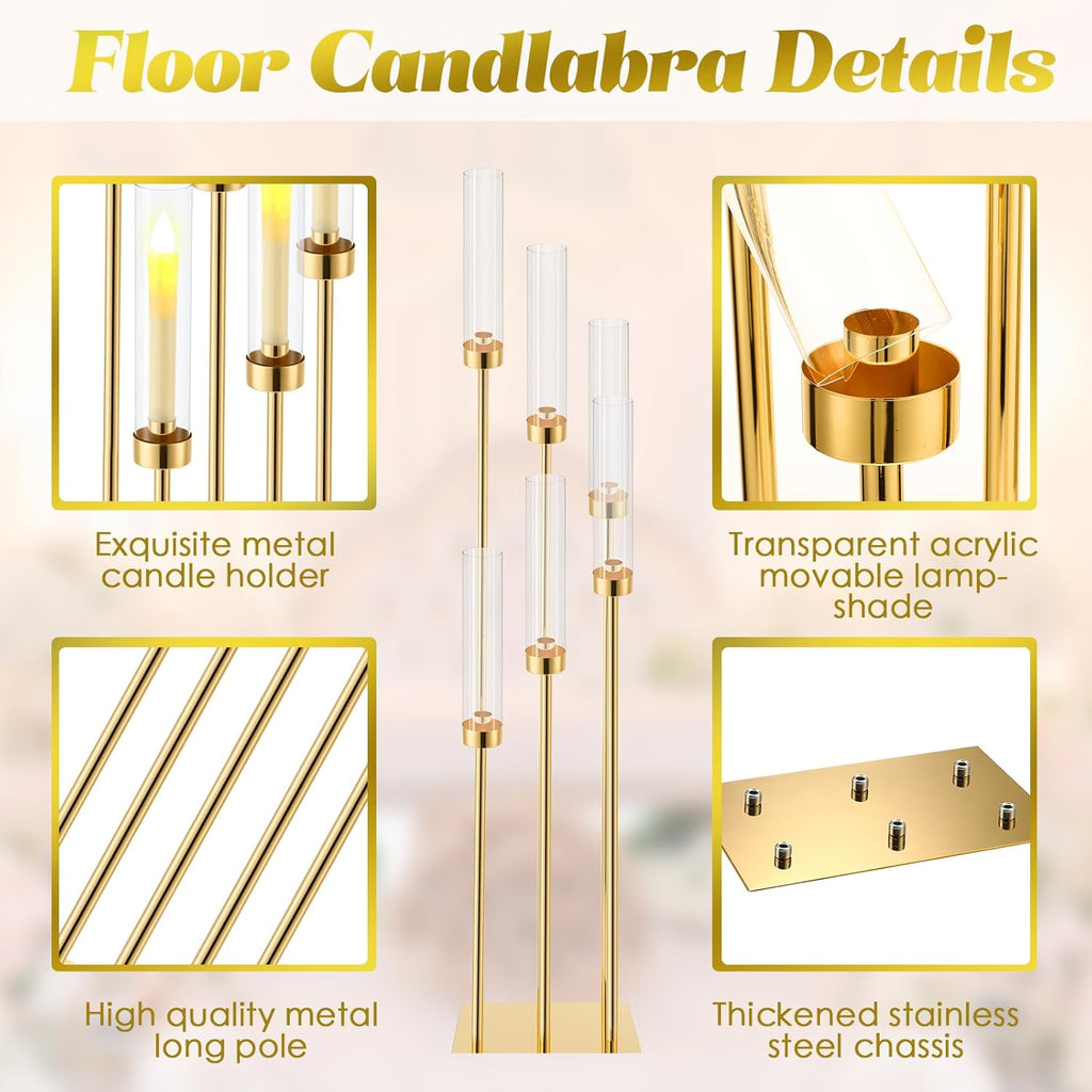 4 Pcs 6 Arm Wedding Gold Candelabra Table Centerpiece 46.5" Floor Candle Holder Metal Tall Candlestick Acrylic
