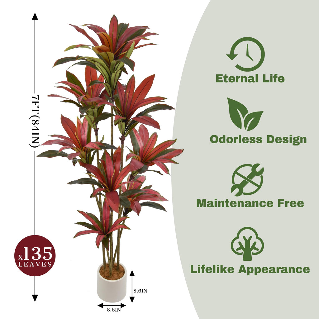 Artificial Dracaena Tree 7ft(84in) Tall Large Faux Silk Plants with Realistic Trunks and Red Leaves, Fake Floor