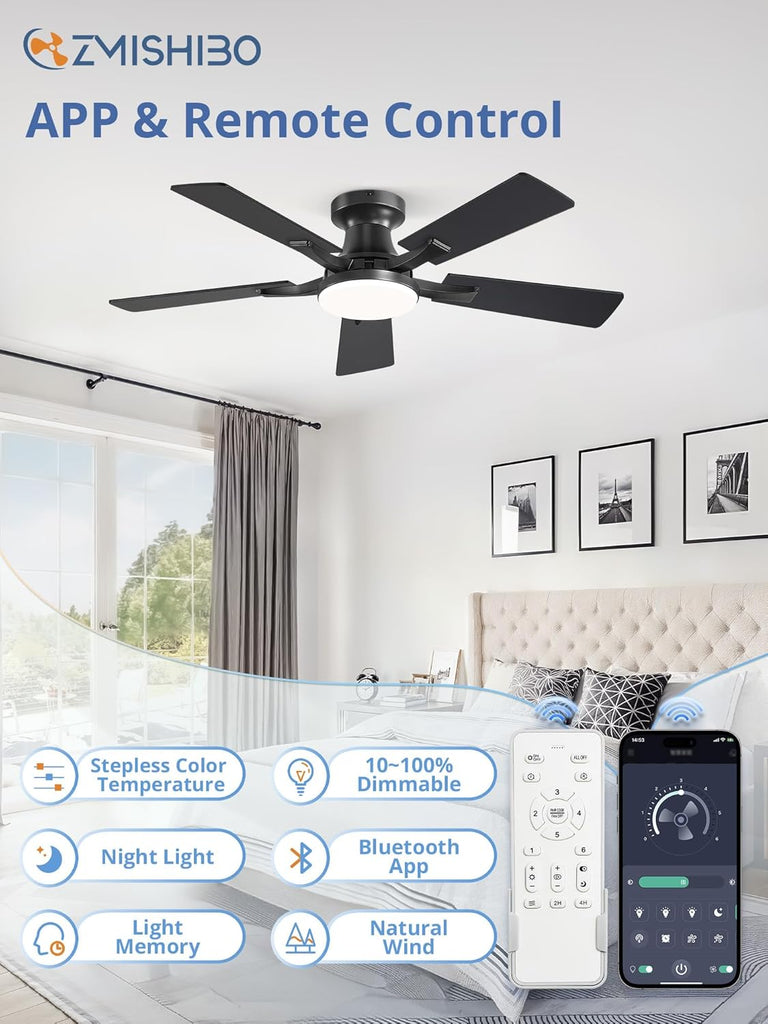 42 Inch Ceiling Fan with Light, App&Remote Control, Flush Mount Low Profile, Dimmable 20W LED Light, Quiet Reversible Motor for Bedroom, Living Room, Apartment, Black A101-B0F8B7CFP5