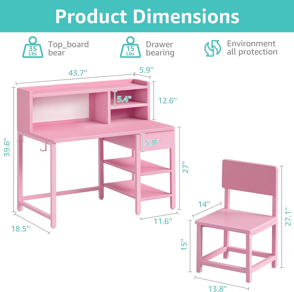 Pink Kids Desk and Chair Set for 6-12 Year Old, Children Study Desk with Hutch and Storage Shelf, Student Writing
