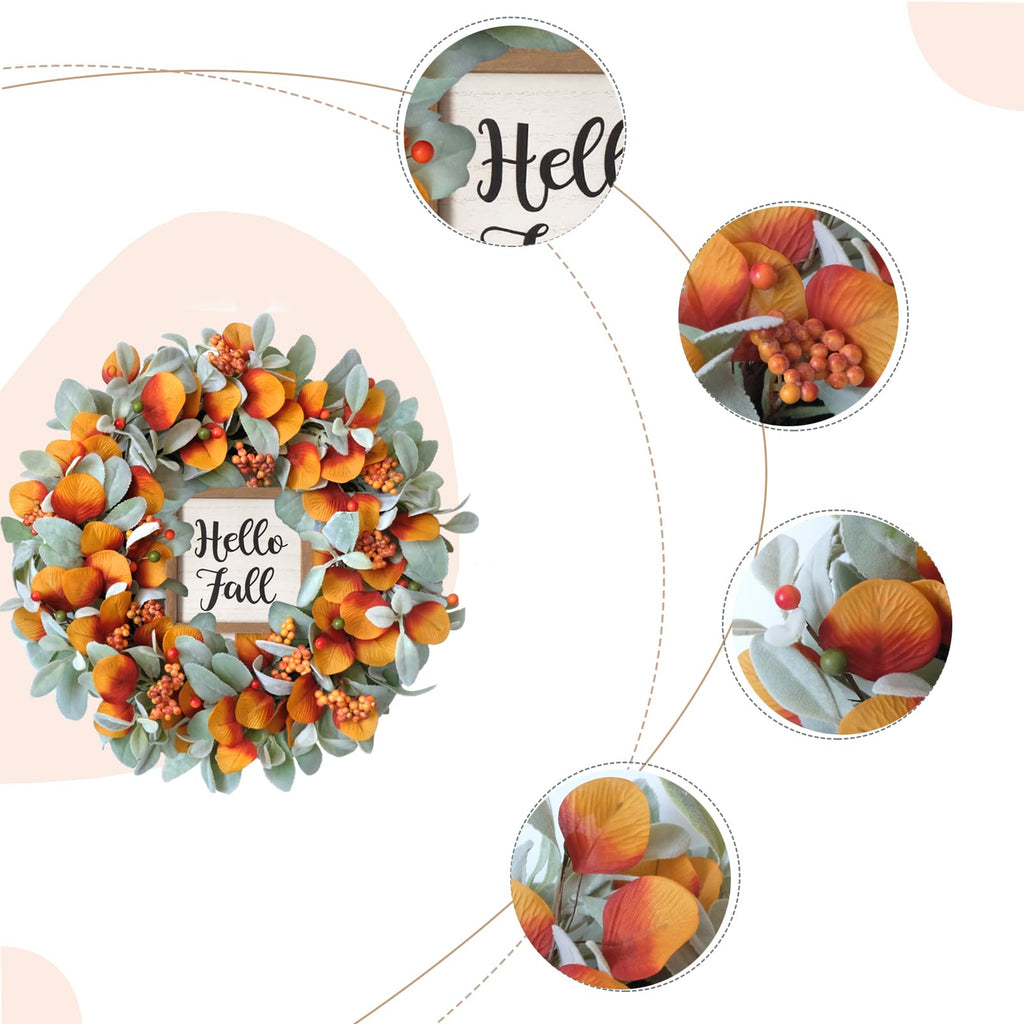 22 inch Fall Wreath for Front Door Artificial Autum Wreaths with Lamb's Leaves Eucalyptus Leaves Berries Wreath for