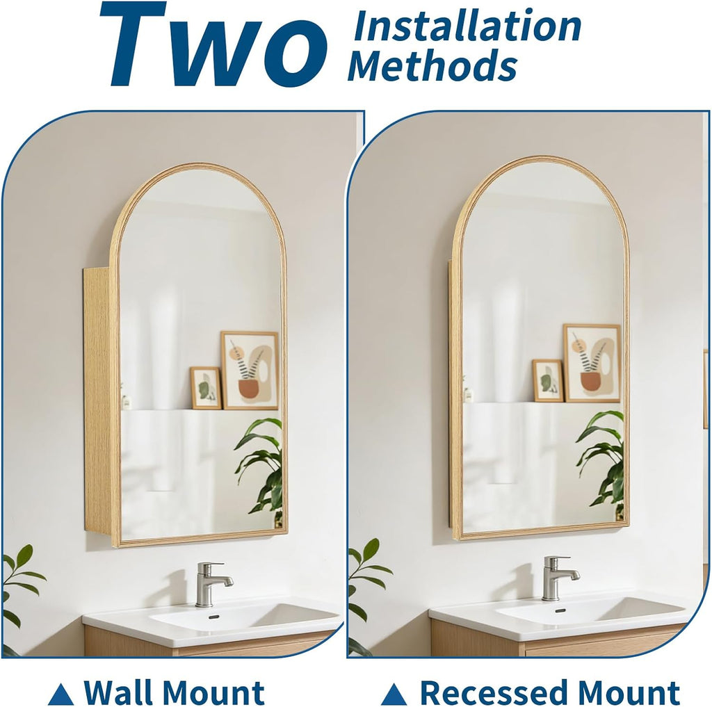 16x30'' Arched Medicine Cabinet with Mirror,Rust-Proof Aluminum, Recessed & Surface Mount Bathroom Mirror with