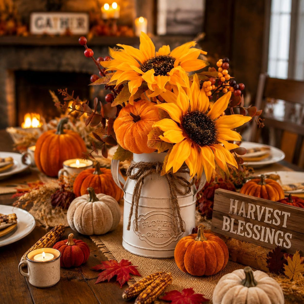 Fall Thanksgiving Centerpieces for Dinner Tables, Faux Floral Metal Potted Plants with Maple Leaf Pumpkin Berry Stems - Set of 2