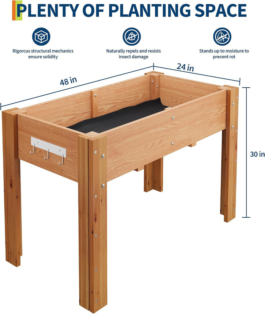 48"x24"x30" Raised Elevated Wooden Garden Planter Box | Reinforced Frame Built-in Hooks Drainage Holes & Matching