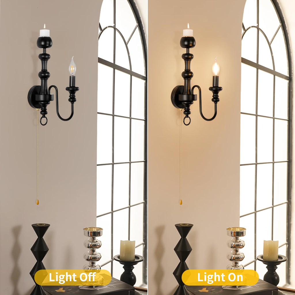 Matte Black Iron Single‐Arm Wall Sconce, Retro Farmhouse Hardwired Wall Lamp with Scented Candle Tray & Pull Chain