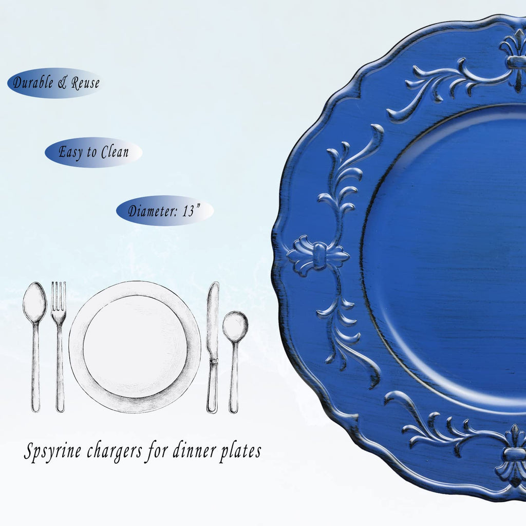 Antique Royal Blue Charger Plate, 13" Embossed Plastic Table Plate Chargers for Dinner, Set of 6 Elegant Decorations